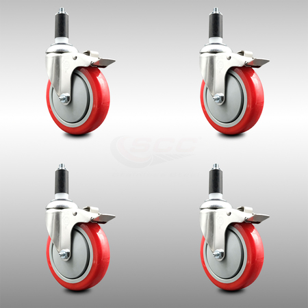SERVICE CASTER 5 Inch 316SS Red Poly Swivel 1-3/8 Inch Expanding Stem Caster Set Lock Brake SCC-SS316TTLEX20S514-PPUB-RED-138-4
